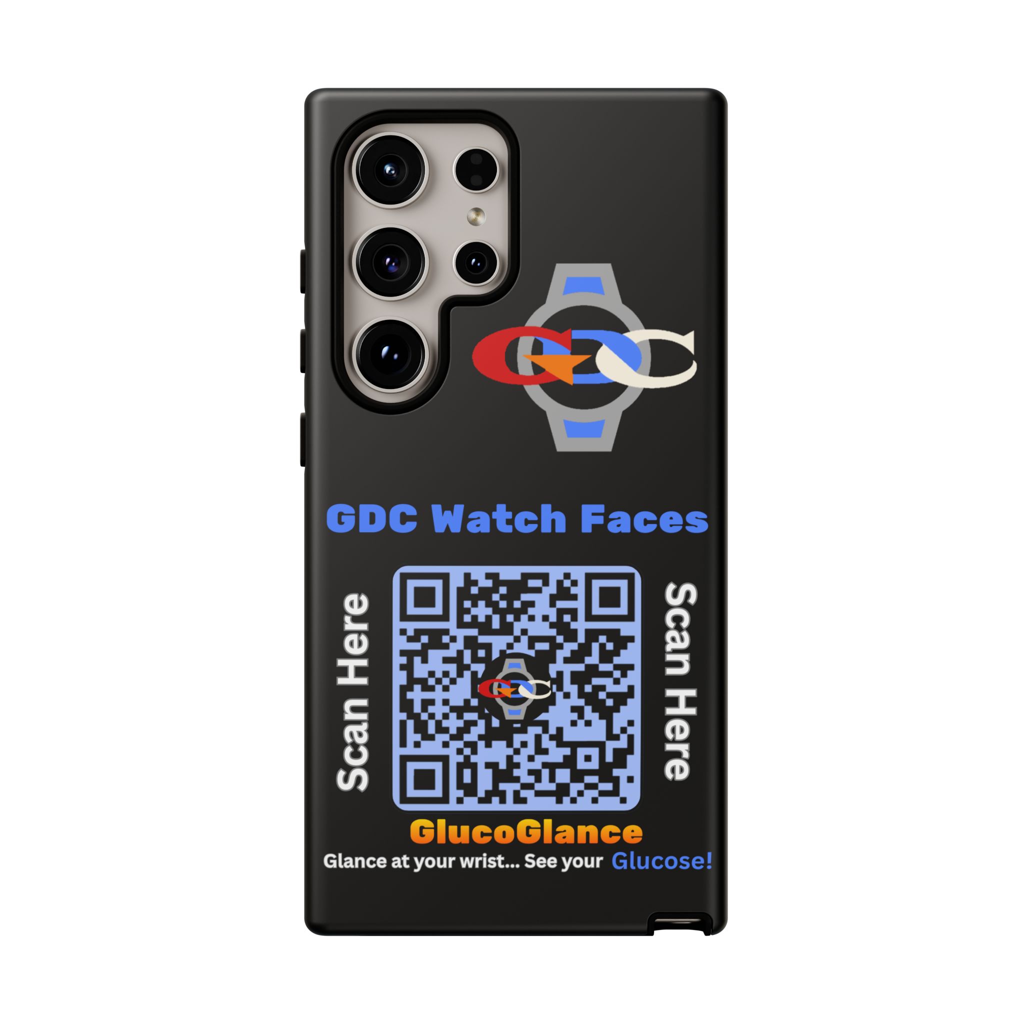 GDC Watch Faces Phone Case, Tough Smartphone Case for Diabetics, Durable Phone Cover, Unique QR Code Design, Functional Gift Idea